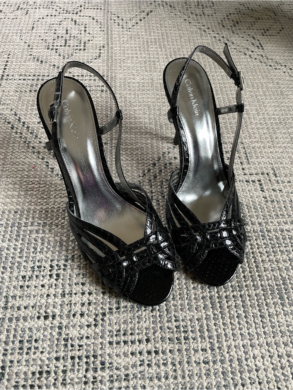 BRAND NEW Calvin Klein Kaden High Heel Sandal - Black Snake, Size 8